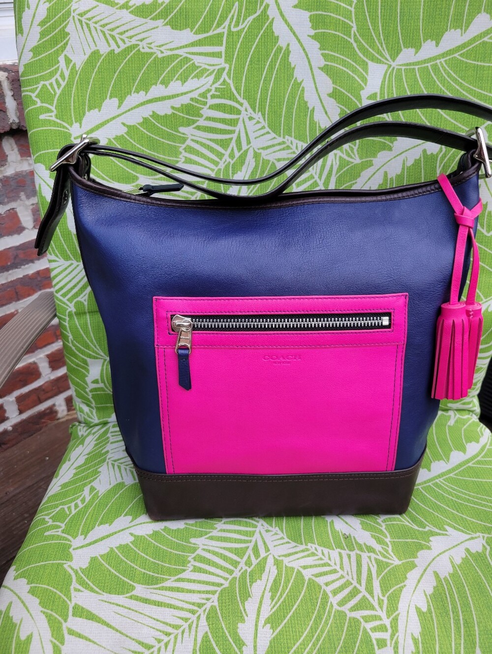 Coach Legacy Colorblock Leather Duffle Navy and Fuchia Pink Leather Shoulder Bag